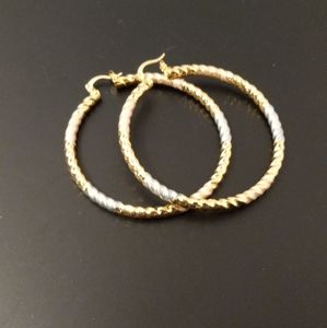 Large Real Gold Plated 3 Tone 60mm Round Hoop Earrings NWOT